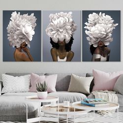 Colorful woman flowers wall art set Floral abstract light blue panel print set of 3 canvas Living room Bedroom 3 piece w