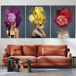 Colorful woman flowers wall art set Floral abstract red purple panel print set of 3 canvas Living room Bedroom 3 piece w