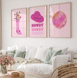 Cowgirl Poster Set Of 3, Pink Rodeo Poster Print, Retro Style Poster, Howdy Poster, Pink Cowboy Boots, Trendy Wall Art,