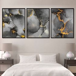 Grey fluid framed art print Over the bed wall art set Living room black set of 3 canvas Abstract 3 piece wall decor Bedr