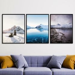 Landscape light blue wall art Ocean and mountain wall art set print Living room nature poster set of 3 canvas Bedroom 3