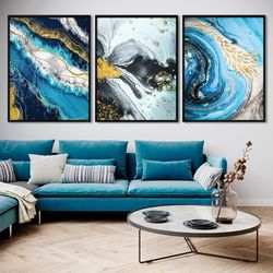 Light blue fluid 3 piece wall art print Abstract gold set of 3 poster Modern wall decor Extra large framed fish canvas L