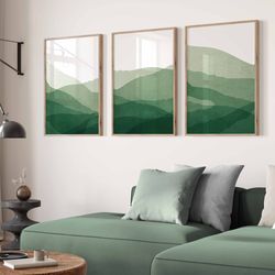Minimalist Modern Sage Green Wall Art Set of 3, Abstract Forest Green Painting, Wall Art Prints, Minimal Poster Printabl