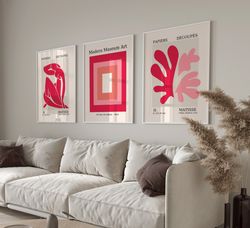 Set of 3 Red Pink Color Block Print, Matisse Poster Set, Gallery Wall, Museum Poster,Bauhaus Poster,Home Wall Decor