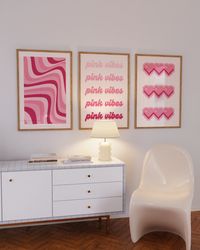Set of 3 Hot Pink Preppy Posters, 3 Piece Retro Y2k Wall Art, Minimal Preppy Aesthetic Room Decor, Trendy Aesthetic Post
