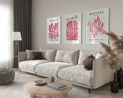 Set of 3 Pink Matisse for Gallery Wall - Henri Matisse Abstract Botanical Elegance and Exhibition Poster