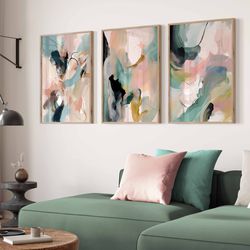 Set of 3 Poster Large Living Room Art Bedroom Decor Apartment Blue Pink Art Brushstroke Painting Printable
