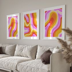Set of 3 Retro Wavy,Colorful Wall Art,Pink electric gallery,Preppy vibes abstract art,Trendy 70's Abstract Home Decor