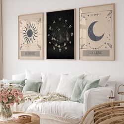 Sun&Moon Tarot Art Set of 3, Celestial Wall Art, Moon Poster, Sun Poster, Astrology Print, Instant Download, Le Soleil,