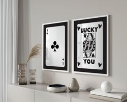 Trendy Retro Wall Art Set of 2, Black Lucky You Poster, Funny Typography Print, Aesthetic Room Decor, Lucky You Wall Art