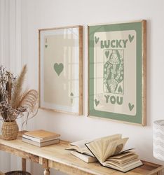 Trendy Retro Wall Art Set Of 2, Retro Trendy Aesthetic Poster, Sage Green Card Poster, Lucky You Poster, Trendy Wall Art