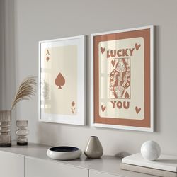 Trendy Retro Wall Art Set Of 3, Retro Trendy Aesthetic Print, Brown Ace Card Poster, Lucky You Poster, Trendy Wall Art,