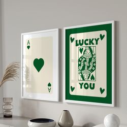 Trendy Retro Wall Art Set Of 3, Retro Trendy Aesthetic Print, Green Ace Card Poster, Lucky You Poster, Trendy Wall Art,