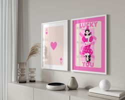 Trendy Retro Wall Art Set Of 3, Retro Trendy Aesthetic Print, Pink Ace Card Poster, Lucky You Poster, Trendy Wall Art, F