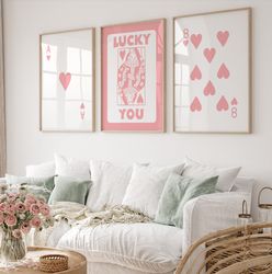 Trendy Retro Wall Art Set Of 3, Retro Trendy Aesthetic Print, Pink Ace Card Poster, Lucky You Poster, Trendy Wall Art, F