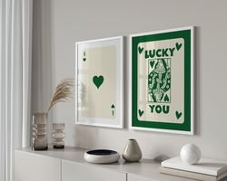 Trendy Retro Wall Art Set, Lucky You Print, Retro Trendy Aesthetic Print, Green Card Poster, Lucky You Poster, Trendy Wa