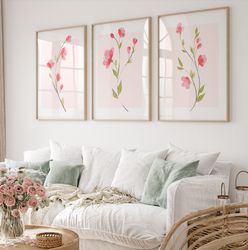 Watercolor Flower Set Of 3, Pink Flower Wall Art, Botanical Wall Decor, Pink Flower Poster, Floral Print, Printable Flow