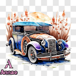 Watercolor Painting of Classic Car in Nature PNG Design 174