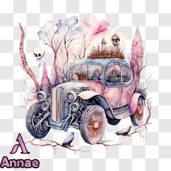 Watercolor Painting of Vintage Car with Skulls and Bones PNG Design 188