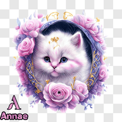 White Cat with Pink Roses PNG Design 253