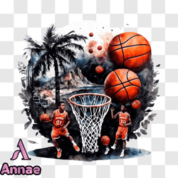 Basketball players on the court with ocean view PNG Design 64