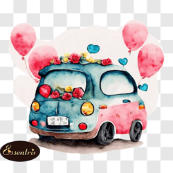 Vintage Car Decorated with Balloons and Flowers for Valentines Day PNG Design 170