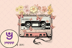 Retro Cassette Tape Flowers Vintage PNG Design 12