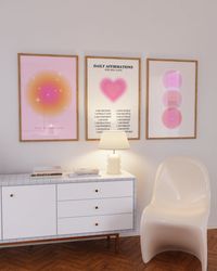 Pink Aura Posters 3 Piece Wall Art, Retro Positive Energy Gradient Set of 3 Prints, Y2K Aesthetic Room Decor, Printable