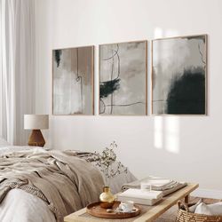 Modern Neutral Abstract Gallery Wall Art Set of 3 Black Beige Neutral Nordic Prints Simple Abstract Art Brush Strokes Mo