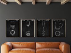 Beverage Glass Set of 4, Beer Glass, Whiskey Art, Wine Glass, Champagne Glass Patent,Wall Art, Refreshment Patent Art, B