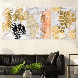 Tropical leaf 3 piece wall art print Floral gold poster Mid century modern wall decor Extra large framed scandinavian ca