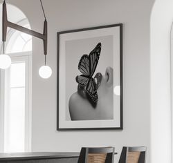 Butterfly on Lip Poster, Luxury Fashion Print, Aesthetic Teen Girl Bedroom Decor, Vintage Wall Art, Black and White Artw