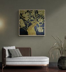 large wall canvas, dark gold tree painting, textured wall art, gold painting, over bed art