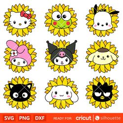 Sunflower Sanrio Characters Bundle Svg, Sanrio Svg, Hello Kitty Svg, Kawaii Svg