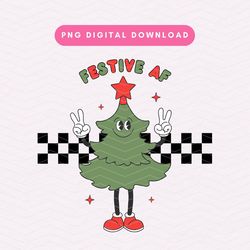 Festive AF PNG, Retro Groovy Christmas PNG, Retro Christmas Tree Sublimation Graphic