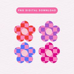 Danish Pastel Flowers PNG, Trendy Checkered Flowers PNG, Floral Sublimation Digital Download