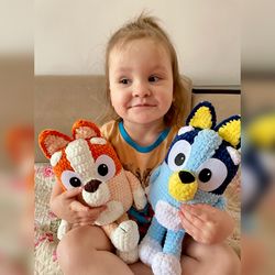 Handmade soft toys set, adorable and safe gift for children. Set bluey and bingo