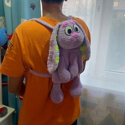 Handmade crochet backpack floppy in the shape of dog bluey, perfect for adults and kids. A unique and adorable gift.