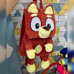 Handmade crochet backpack rusty in the shape of dog bluey, perfect for adults and kids. A unique and adorable gift