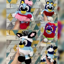Handmade toy dog Bluey Heeler with clothing sets: granny costume, baby diaper, zebra costume, and skirt in a gift box.