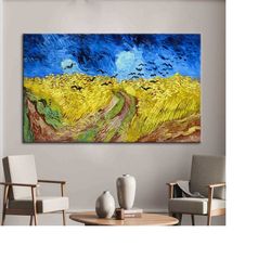 canvas decor, canvas, 3d canvas, wheatfield with crows, oil painting print, field landscape art canvas, van gogh canvas