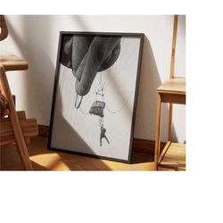 Falling from Hot Air Balloon Print | Black and White Vintage Photography