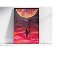 Moonlit Swing Wall Dcor | Water Color Abstract Wall Art | Fantasy Wall Dcor | Living Room Wall Art | Modern Wall Dcor Po