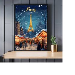 Paris poster | Paris Christmas travel poster | Poster Paris Christmas Market | art print Paris Eiffel Tower, France