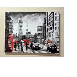 red telephone box wall art, london city landscape, london wall art, london big ben canvas, oil painting print, london ca