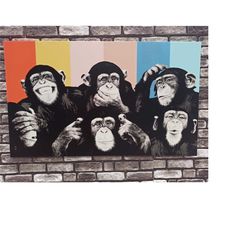 monkey art canvas, framed canvas, thinking monkey wall decor, monkeys painting wall hangings, animal canvas poster, pers