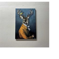canvas art, canvas print, canvas, deer in suit, abstract deer canvas print, deer with bird wall art, animal kingdom canv