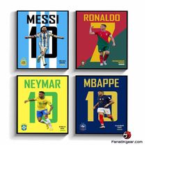 Set Of 4 Digital Prints, Printable Messi Ronaldo Neymar Mbappe Poster Bundle, Exhibition Set of 4, Set of 4 Prints, Socc