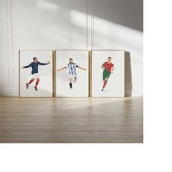 Set of 3 Football Posters, Lionel Messi, Kylian Mbappe, Cristiano Ronaldo, World Cup 2022, Digital Print, Minimalist Wal