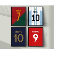 Messi Ronaldo Mbappe Haaland, National Team Shirts Bundle, Soccer Players Set, 4 Football Jerseys Print, 3 Sizes Include